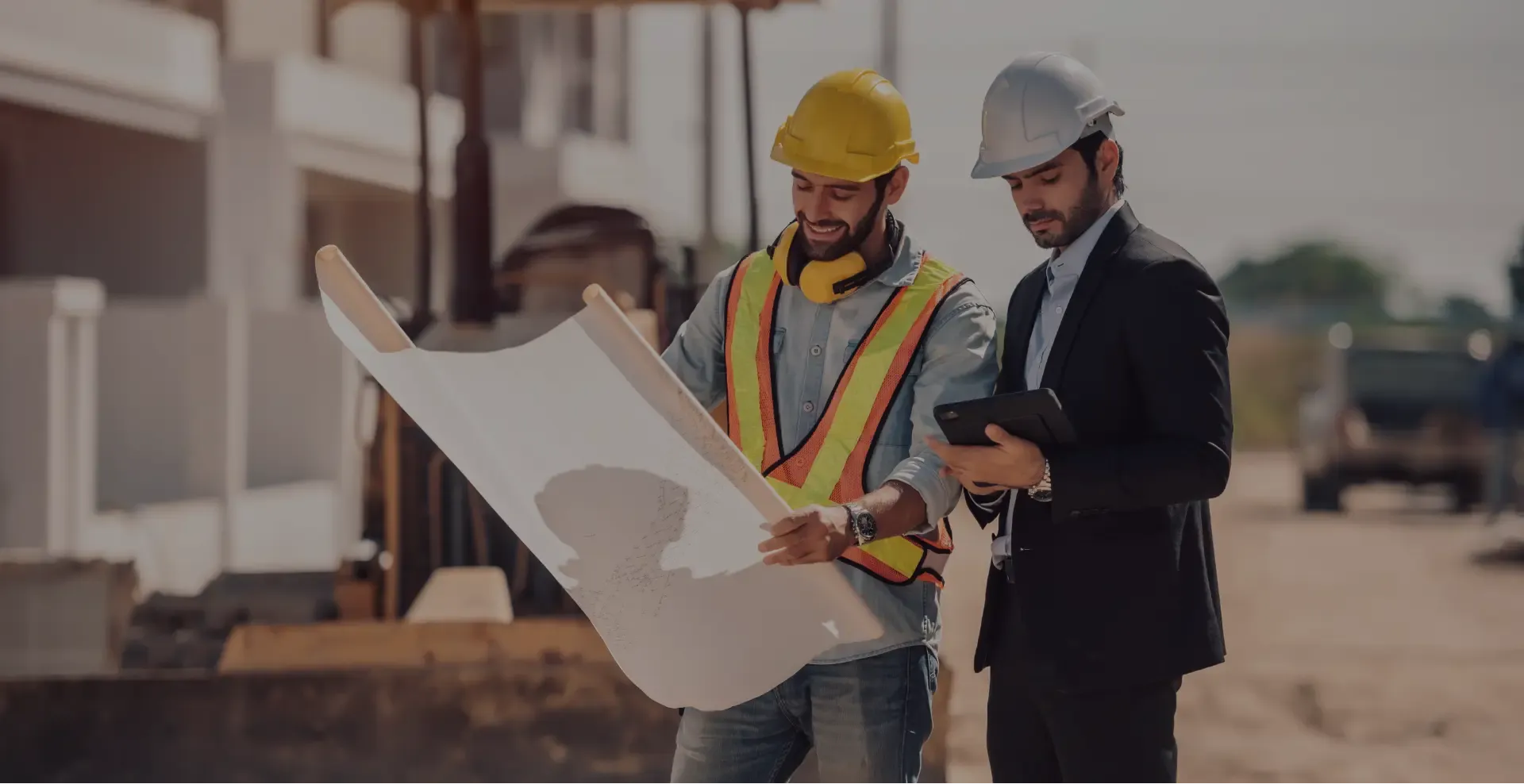 Ingénieurs de GC Structures étudiant des plans sur un chantier